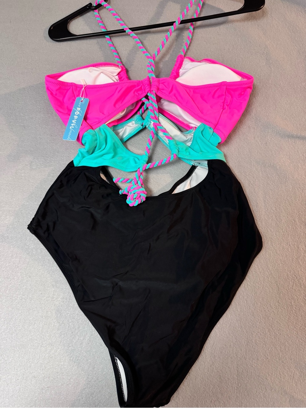 Colorblock One-Piece Swimsuit in Hot Pink, Teal & Black Womens Large - Picture 4 of 5